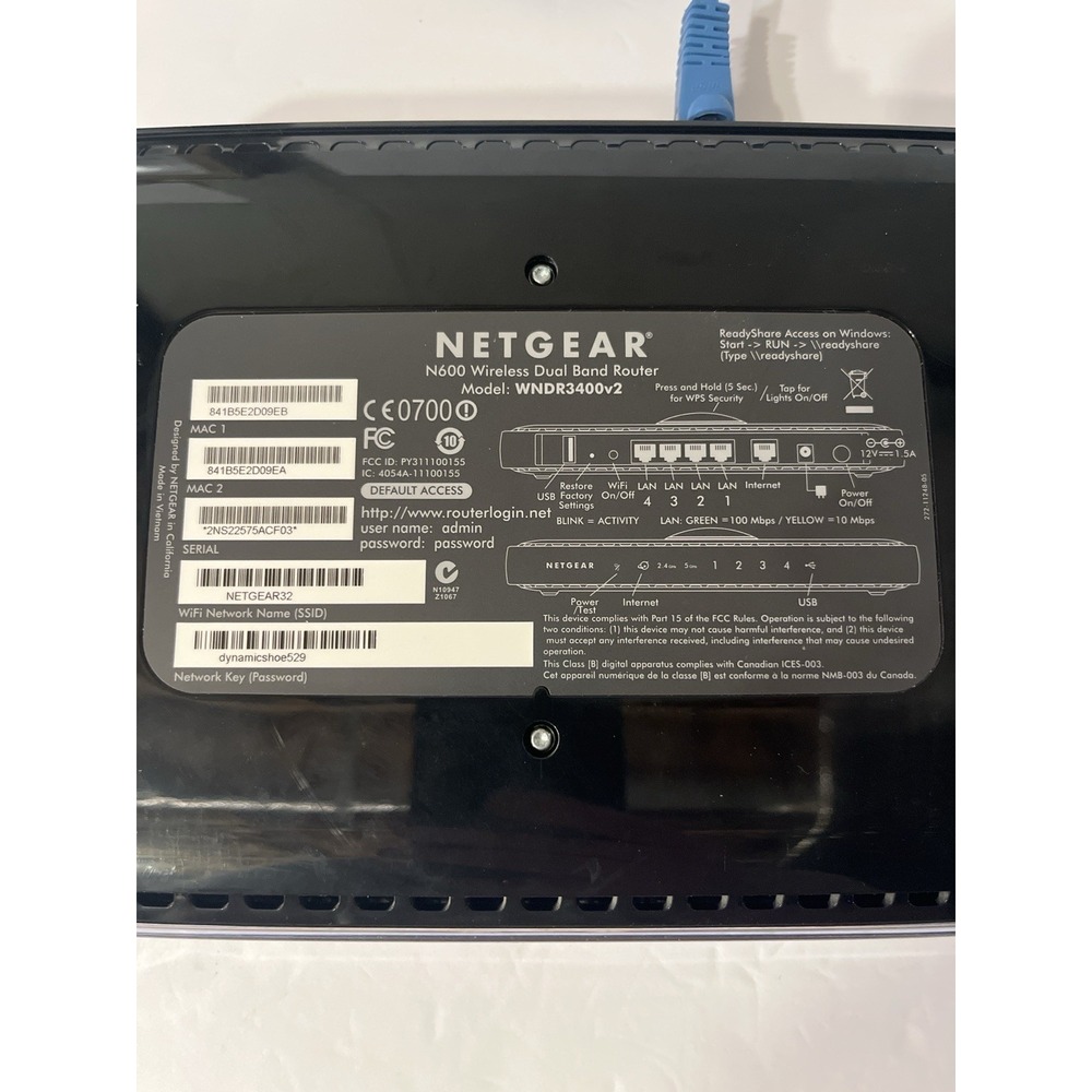NETGEAR N600 Wireless Dual Band Router WiFi Router Ethernet Cable No Power Cord